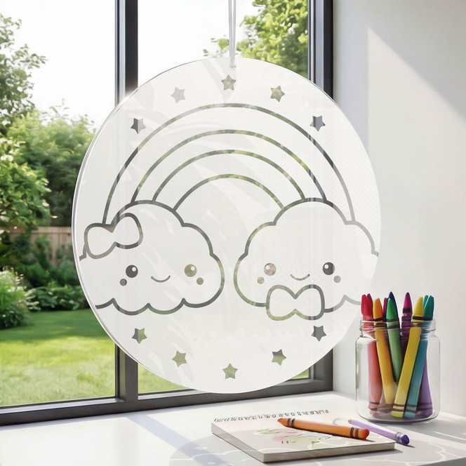 Acrylglasbild, Fensterbild zum Aufhängen Regenbogen mit Wolken - Rund