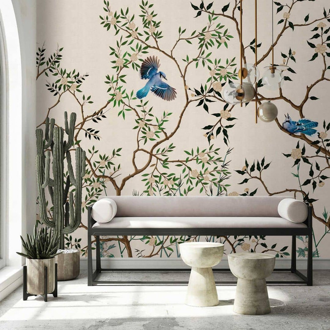 Fototapete Asiatische Vögel auf Zweigen - Beige Vliestapete mit Naturmotiv