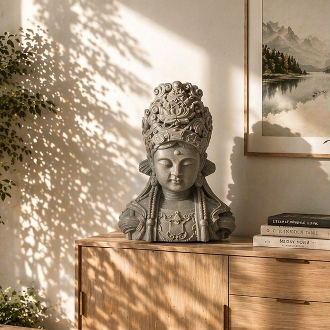 Buddha Büste aus Kunststein, betongrau | 34x21x44 cm - Bild - 1