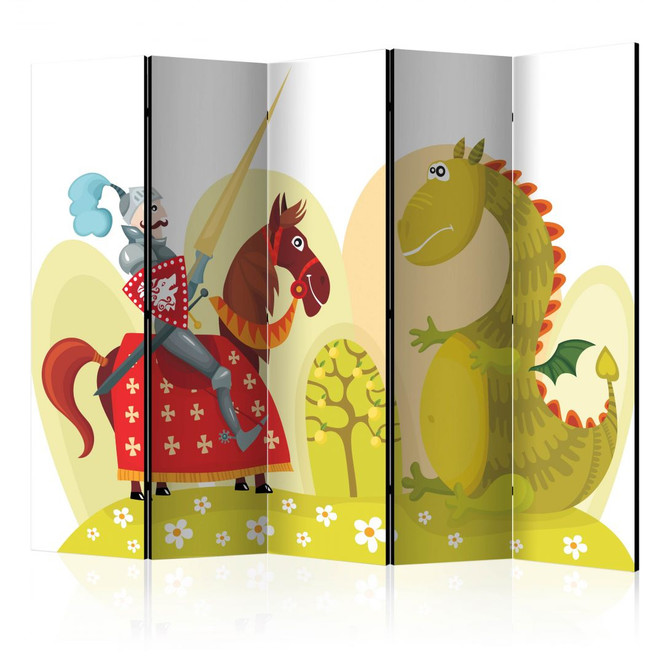 Paravent, Raumteiler freistehend, Trennwand - Drache und Ritter, 5-teilig - 225 x 172 cm