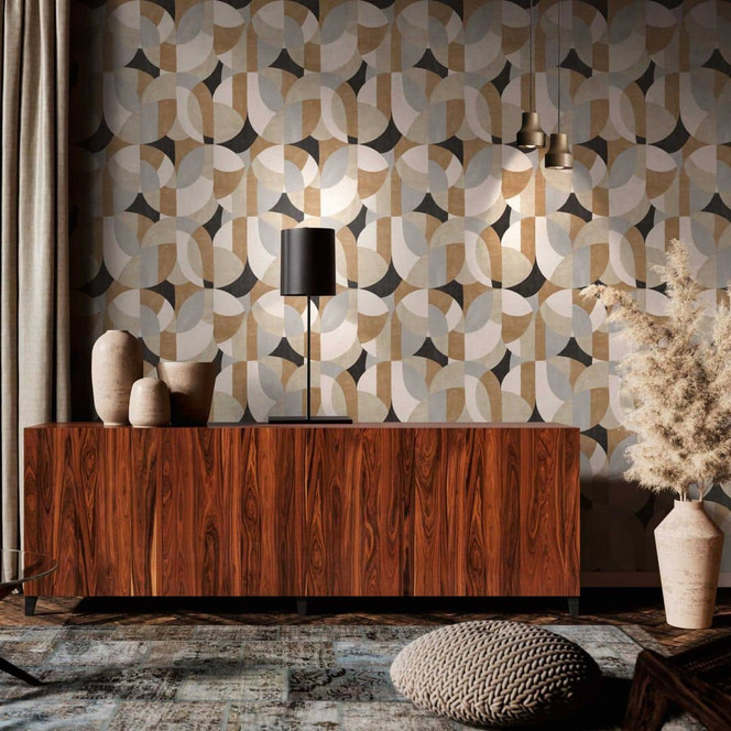 Geometrische Mustertapete in Beige Grau Schwarz – Moderne Vliestapete abstrakt