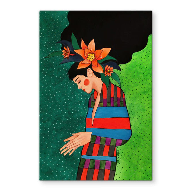 Glasbild Frau im Streifenkleid mit orangen Blüten - Hülya