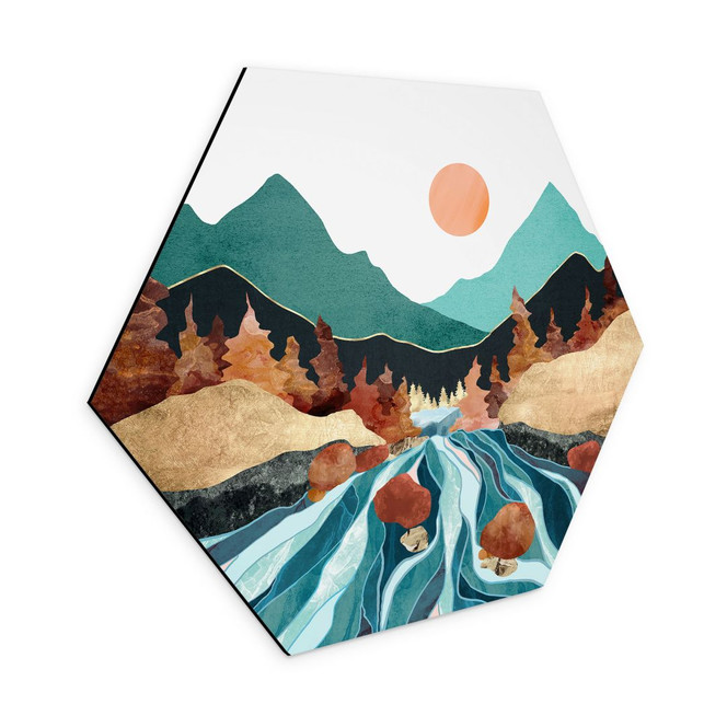 Hexagon Wandbild Berg Land Fluss - SpaceFrog Designs - Alu-Dibond