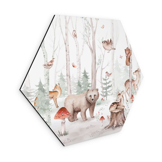 Hexagon Wandbild Waldtiere im Herbst - Kvilis - Alu-Dibond