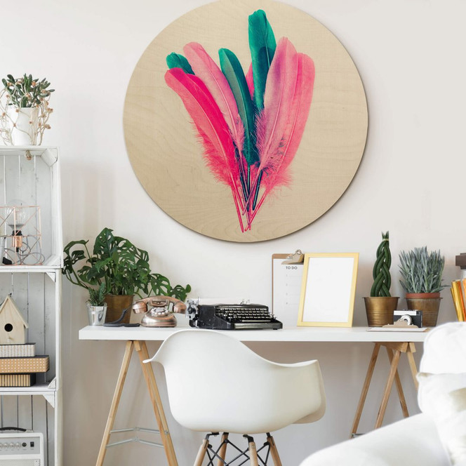 Holzbild Kubistika - Feder Bouquet - Rund