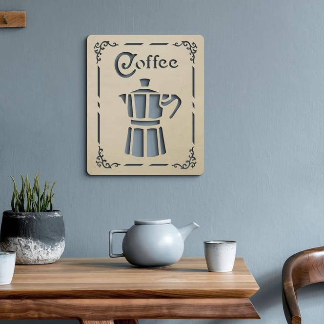Holzschild Coffee - Espresso Kaffeekanne - Holzdeko Pappel