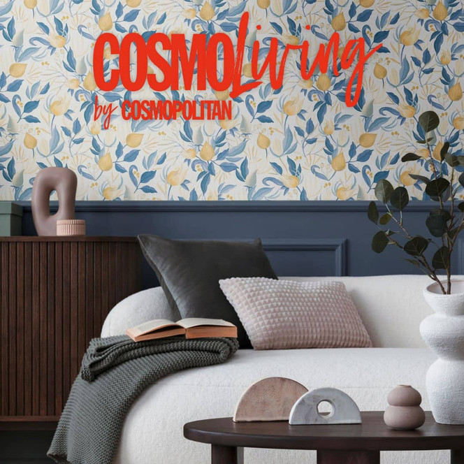 COSMOPOLITAN Blumentapete florales Design Weiss Blau Gelb - Küchen Vliestapete