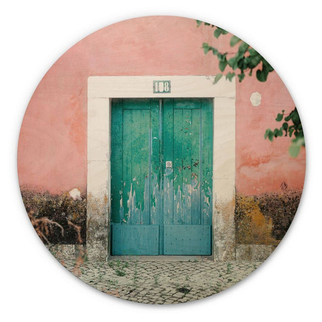 Holzbild Mediterrane Hausfassade in Lissabon - Zwart - Rund