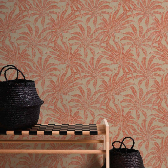 Dschungel-Tapete leicht glänzend Beige Rot - Mustertapete mit Pflanzen