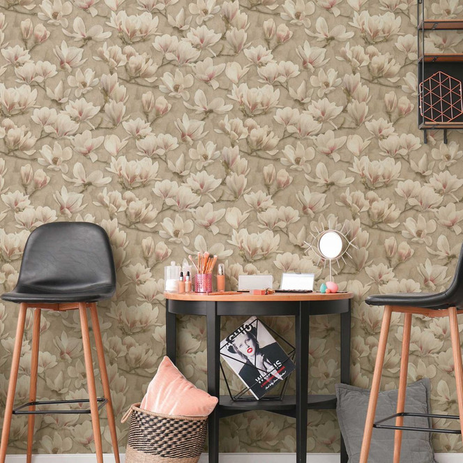 Magnolien-Tapete Beige Rosa – Florale Mustertapete mit Blumen – Vliestapete
