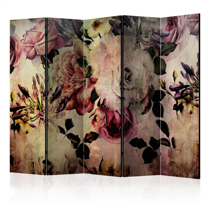 Paravent, Raumteiler freistehend, Trennwand - Nostalgia Flowers II, 5-teilig - einseitig bedruckt - 225 x 172 cm