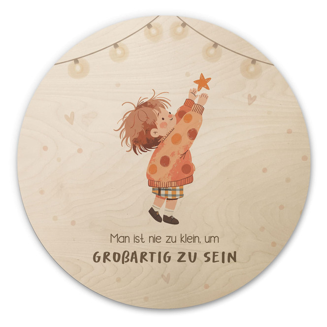 Rundes Holzbild mit Kind und Stern - "Man ist nie zu klein"