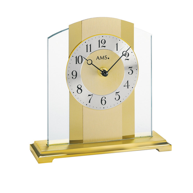 Tischuhr Metallsockel, Mineralglas, Messing-Applikation