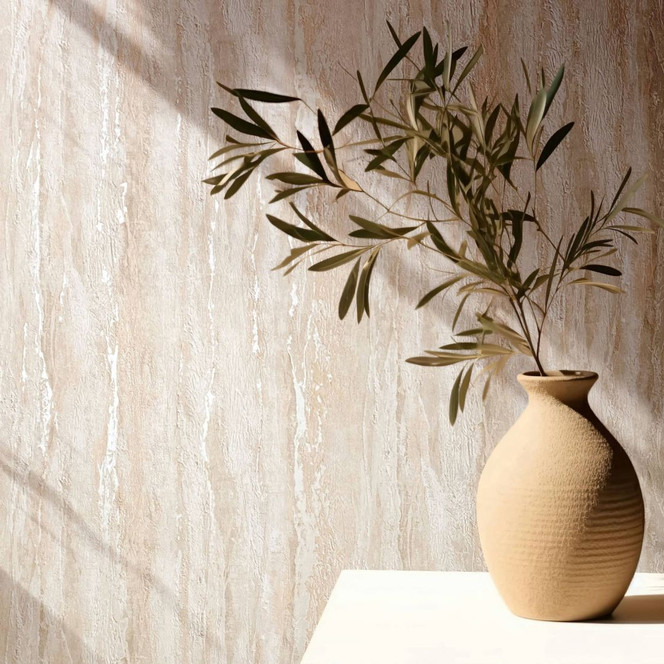 Vliestapete mit glänzender, grober Struktur beige Putzoptik