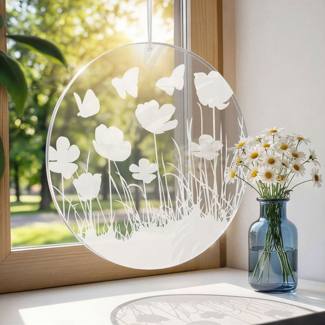 Acrylglasbild, Fensterbild zum Aufhängen Mohnblumen mit Schmetterlingen - Rund