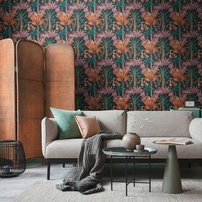 Dschungel-Tapete im grafischen Stil Schwarz bunt - Vliestapete Palmenblättern