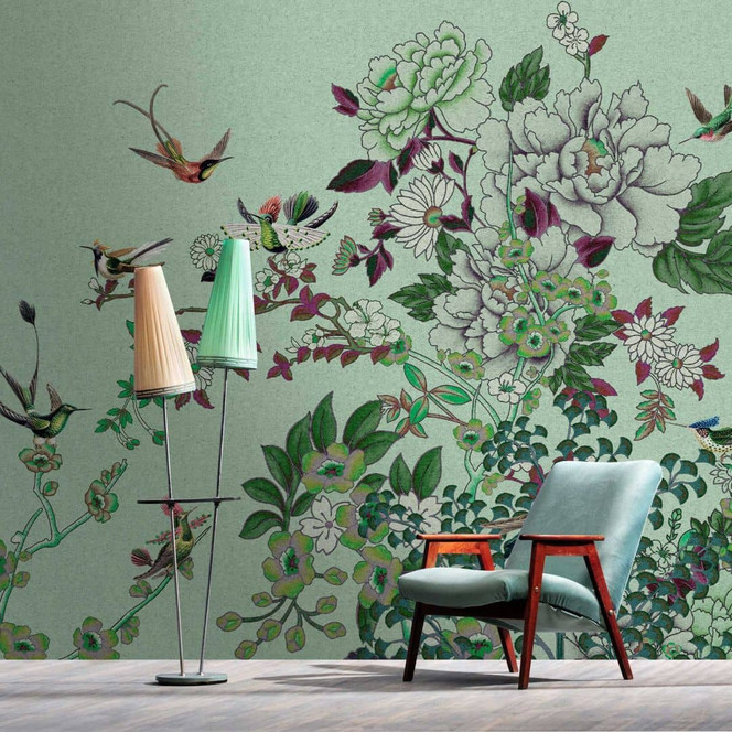 Fototapete Floral mit Kolibri - Romantische Blumengarten Szenerie