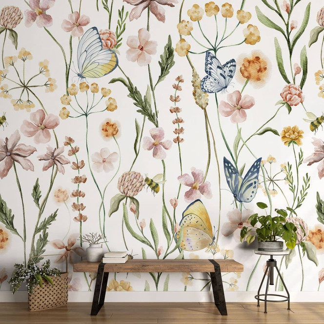 Fototapete Frühlingswiese mit Schmetterlingen - Blumentapete - UN Designs