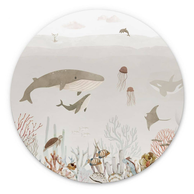 Kinderzimmer Wandbild Wale und ihre Freunde in der Unterwasserwelt - Oliver Robins - Alu-Dibond Rund