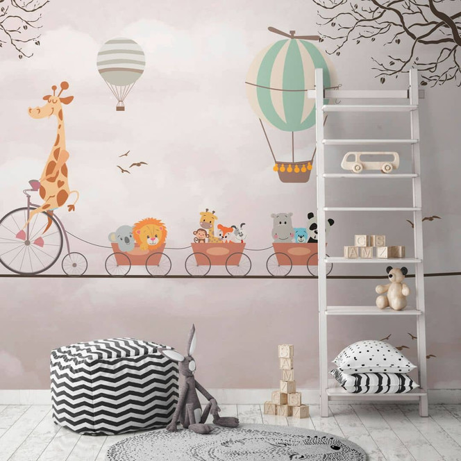 Fototapete Tiere im Zug Rosa Beige 3.75 x 2.50 m - Kindertapete mit Heissluftballon