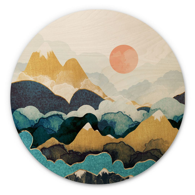 Holzbild Berggipfel über den Wolken - SpaceFrog Designs - Rund