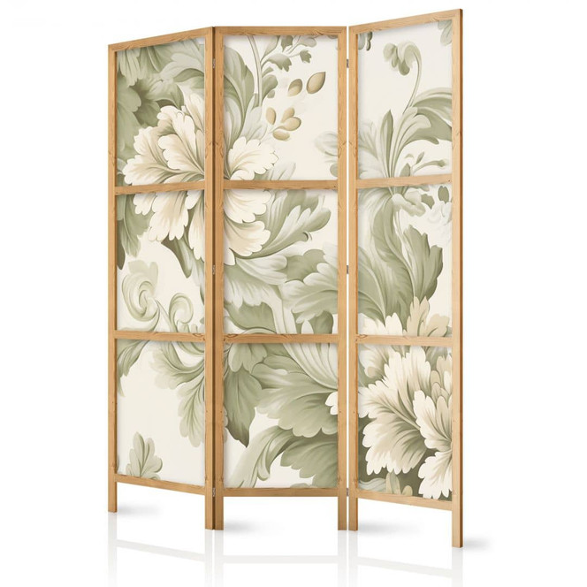 Japanischer Paravent, Raumteiler freistehend, Trennwand - Retro Vintage Flowers in Cream and Green