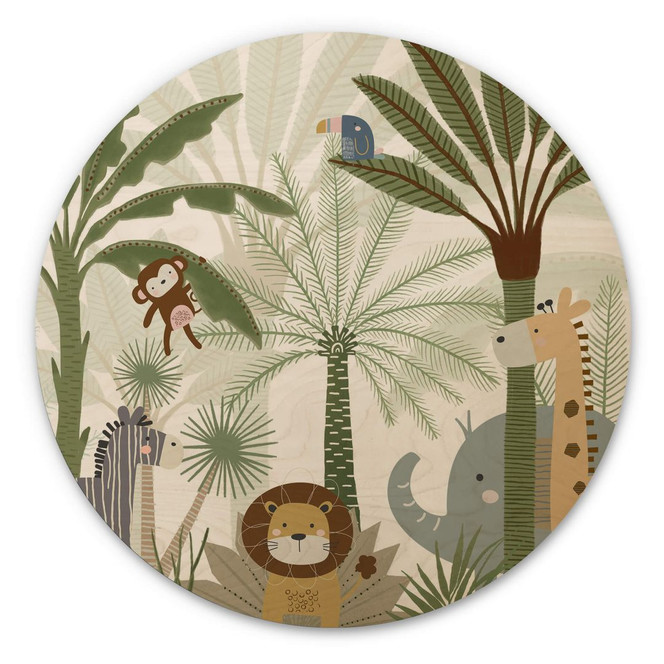 Kinderzimmer Holzbild Niedliche Tiere im Dschungel - Oliver Robins - Rund