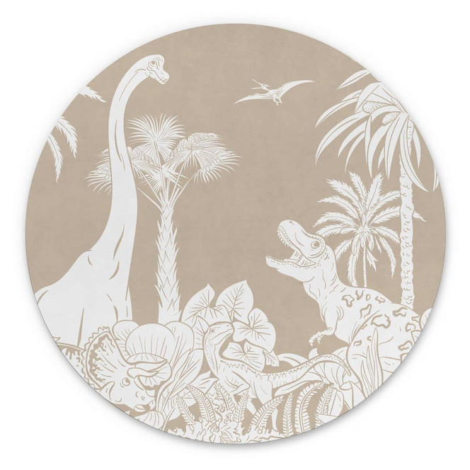 Rundes Wandbild Dinosaurier im wilden Dschungel - Braun - Kikki Belle - Alu-Dibond