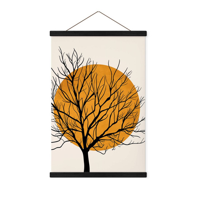 Stoffbild Kubistika - Goldene Sonne hinter einem Baum