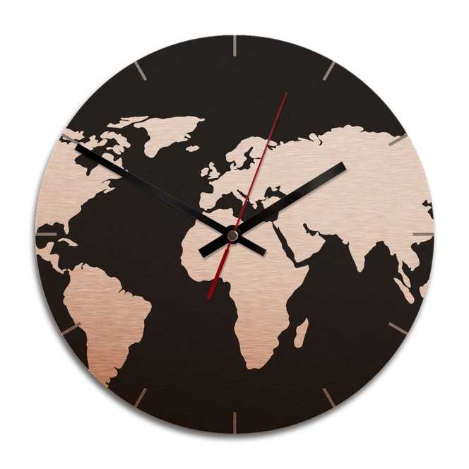 Wanduhr Alu-Dibond-Kupfereffekt - Weltkarte negativ -Ø 28cm - Bild 1