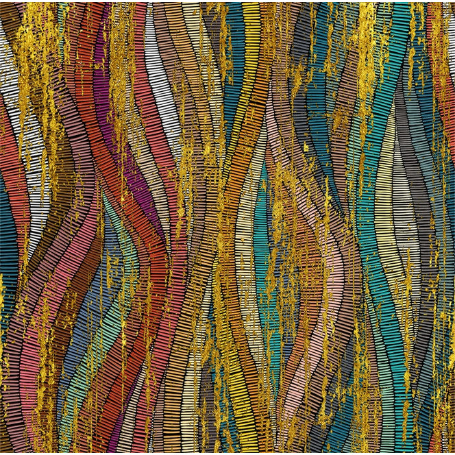 Fototapete Wandtapete mit Motiv Bunte Wellenstreifen mit goldener Struktur in Pop-Stil 2.70 x 2.72m