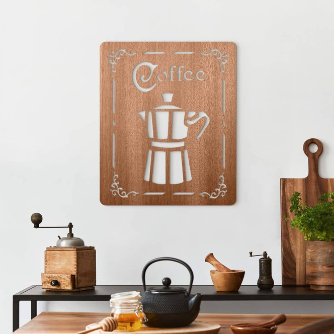 Holzschild Coffee - Espresso Kaffeekanne - Holzdeko Mahagoni