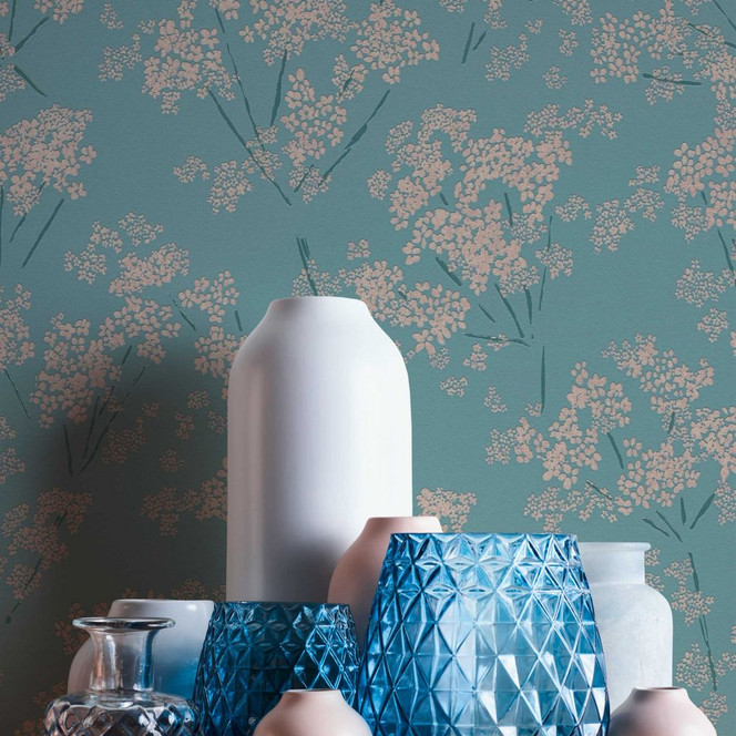 Natur-Tapete Blumen und Blüten Beige Blau - Florale Vliestapete natürlich