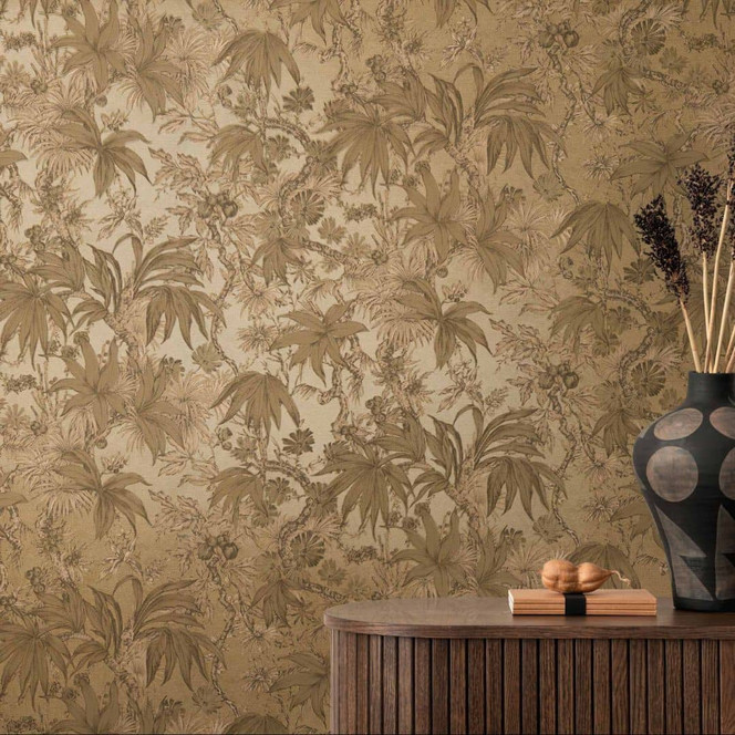 Botanik-Tapete Braun Gold - Florale Mustertapete exotisch - Vliestapete