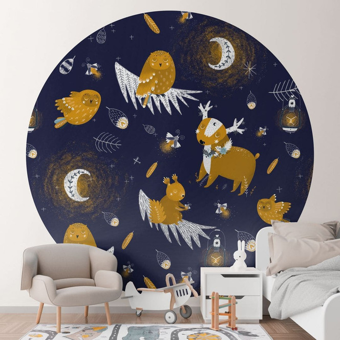 Fototapete Kinderzimmer - Waldtiere in der Nacht - UN Designs - Rund - Selbstklebend/Vlies