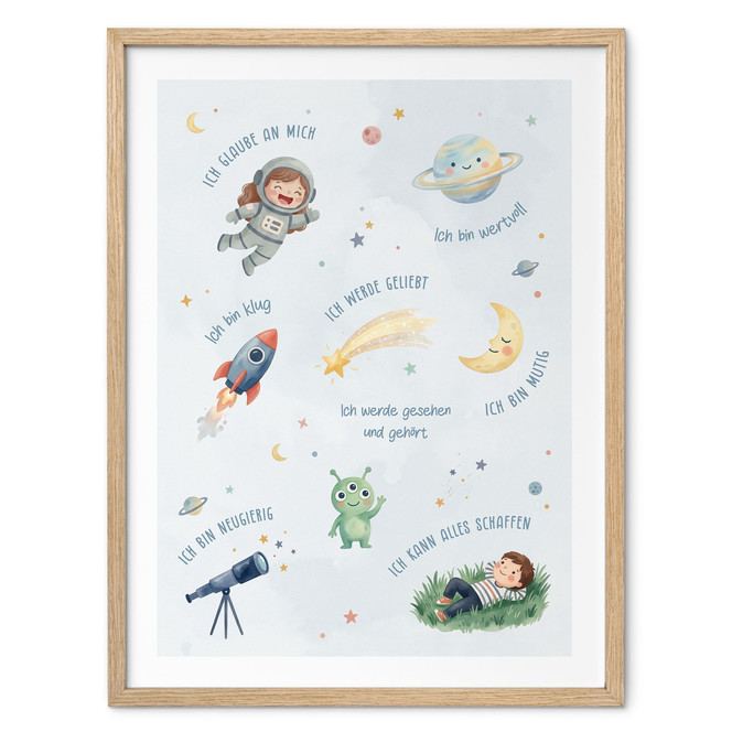 Kinder-Poster - Affirmationen Weltraum mit Rakete und Saturn