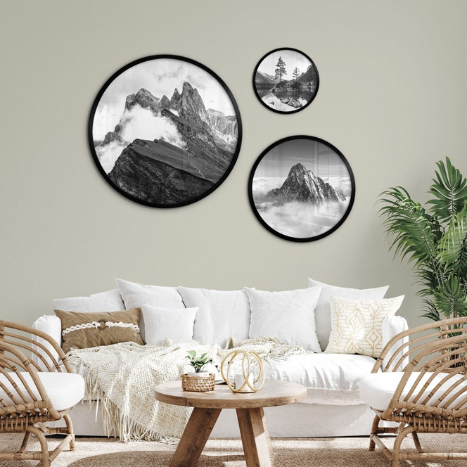 Poster-Set Berggipfel in den Wolken - Schwarz-weiss (3-teilig) - Rund