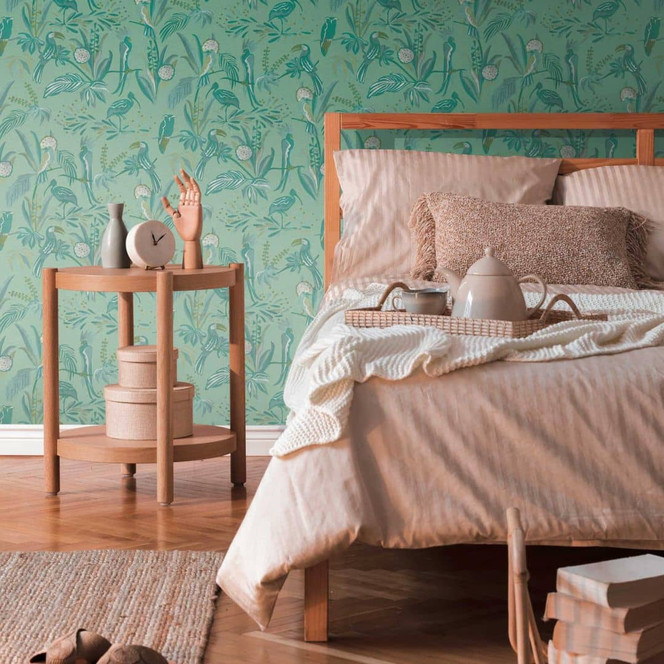 Dschungel Tapete Grün Weiss - Tapete Vögel Pflanzen - Vliestapete Blumen Wohnzimmer