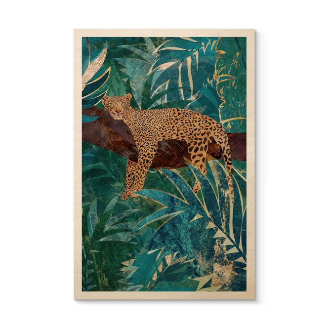 Holzbild Leopard im smaragdgrünen Dschungel - Manovski