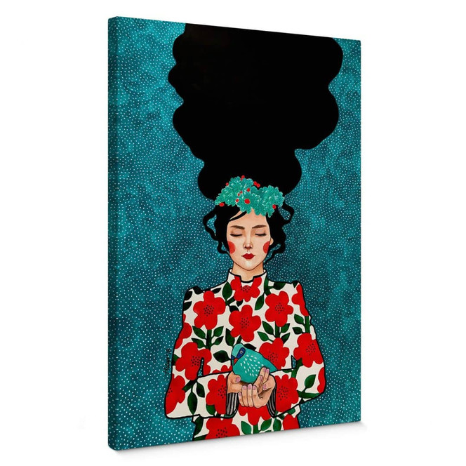 Leinwandbild Frau mit kleinem Vogel in den Händen - Hülya