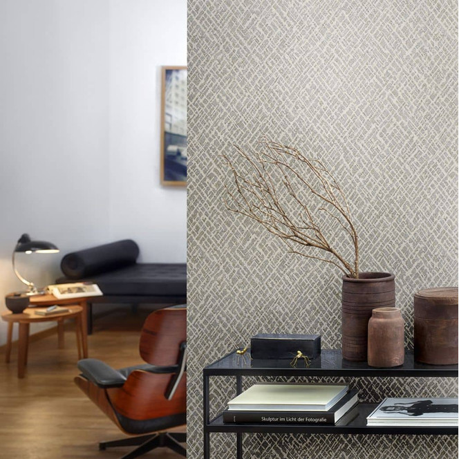 Vliestapete mit glänzendem Gitter Motiv beige, platin Struktur