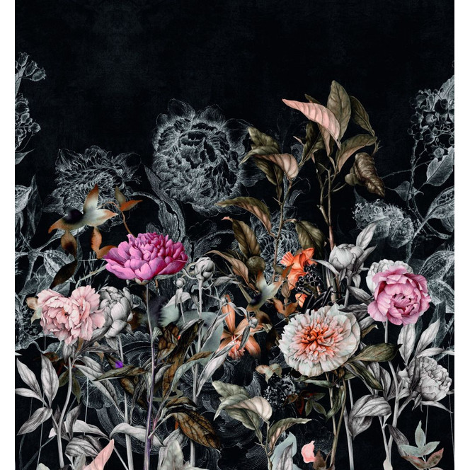Fototapete Bildtapete Dark Botanical Vintage-Blüten auf Schwarz mit Rosé-Akzenten 3.4 x 3.18 m