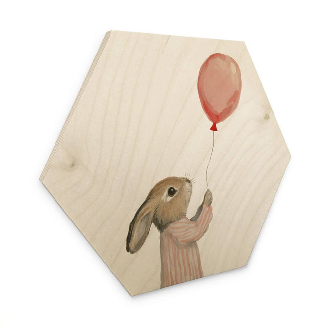 Hexagon Holzbild Süsser Hase mit Luftballon - Treechild