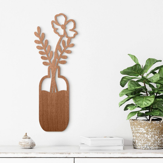 Holz Wanddeko Blumen in Vase - Mahagoniholz