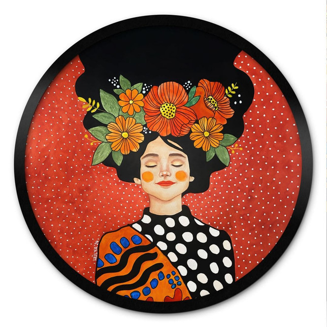 Poster Lächelnde Frau mit orangen Blumen - Hülya - Rund