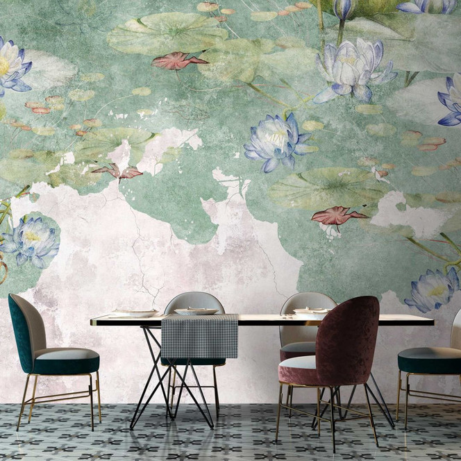 Fototapete Seerosen Aquarell in Blau und Grün - Vliestapete mit Wasserflora