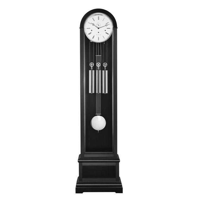 Standuhr Charlotte "Franz Hermle & Sohn" Schwarz mit Nickel Frontreif, Pendel und Gewichte