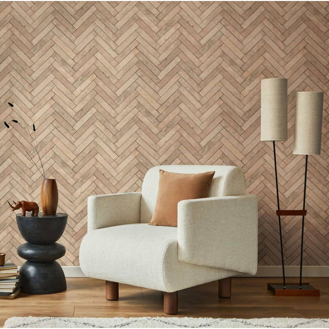 Vliestapete mit Fischgrat Steinmuster beige Steinoptik