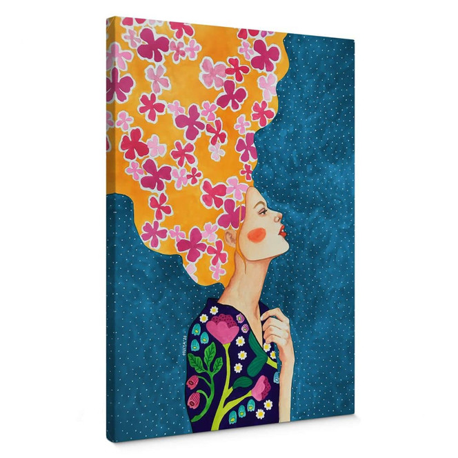 Leinwandbild Frau mit rosa Blüten im Haar - Hülya