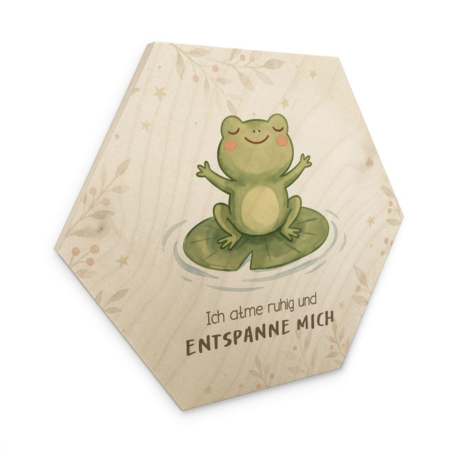 Holzbild Hexagon mit Frosch - Bestärkung "Ich atme ruhig"